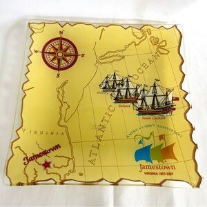 Jamestown VA 400th Anniversary Clear Glass Plate Nautical Map Displayed Only EUC